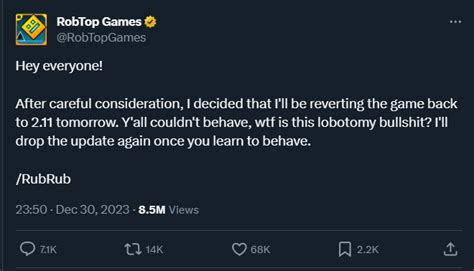 Breaking news: Robtop just announced on Twitter that he will be .